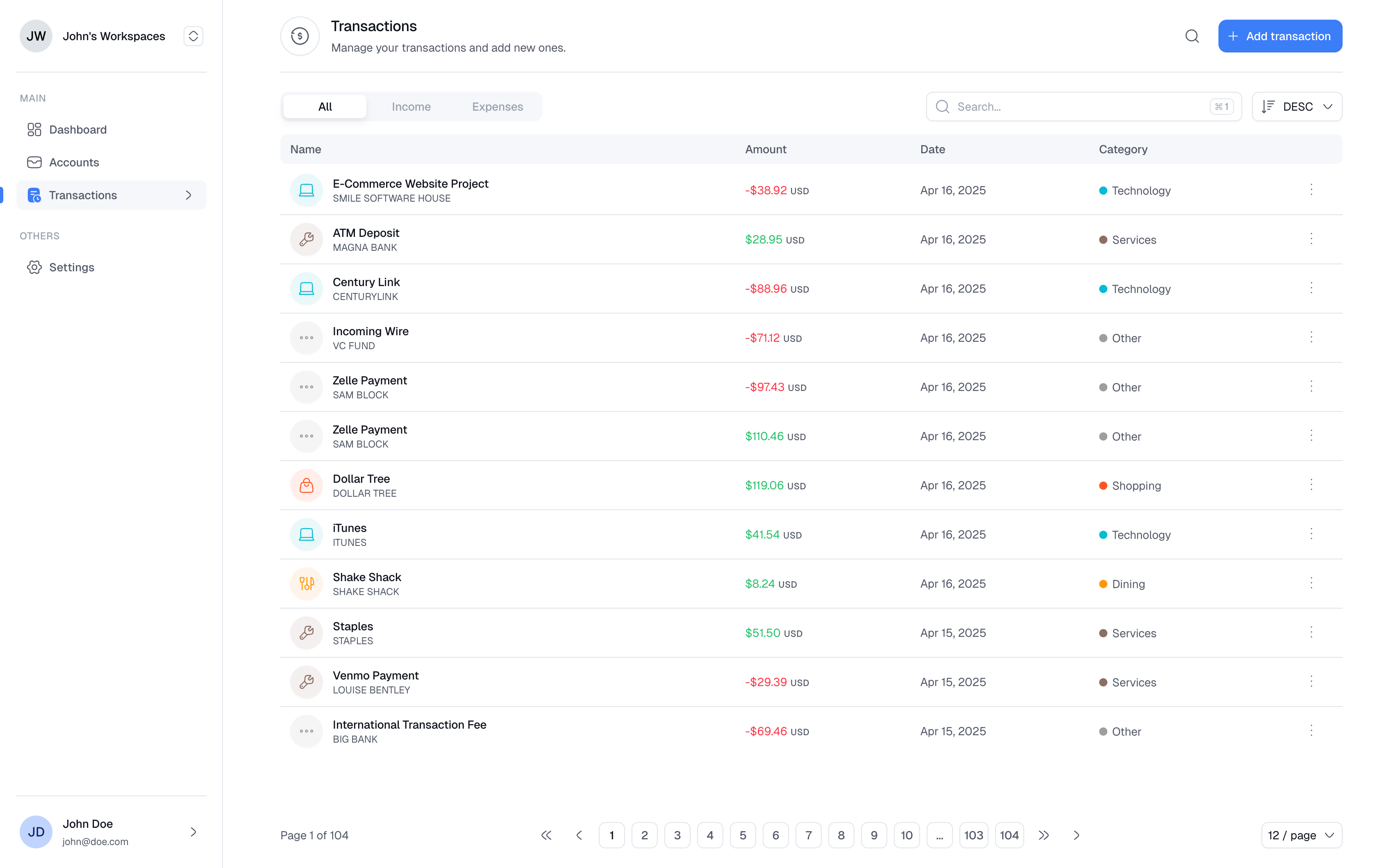 Dashboard Transactions